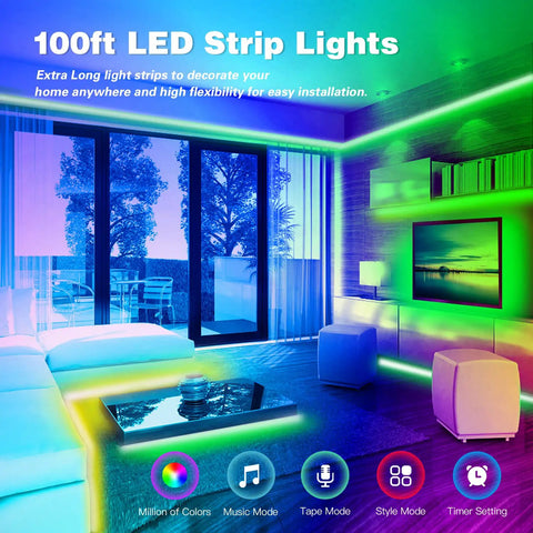 Led Strip Lights For Bedroom 100 Ft Twin Rolls Music Sync RGB Color Changing With App Control For Party And Home Decor
