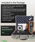 Industrial-Grade Coating Thickness Gauge With External Probe For Marine And Steelwork, Measures 0-197 mil (0-5000 microns) Fe And 0-120 mil (0-3000 microns) NFe, 0.001 mil Resolution, Factory, Zero, And Multi-Point Calibration, PC Connectivity, in case with accessories