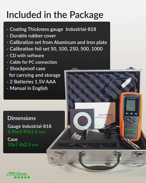 Industrial-Grade Coating Thickness Gauge With External Probe For Marine And Steelwork, Measures 0-197 mil (0-5000 microns) Fe And 0-120 mil (0-3000 microns) NFe, 0.001 mil Resolution, Factory, Zero, And Multi-Point Calibration, PC Connectivity, in case with accessories