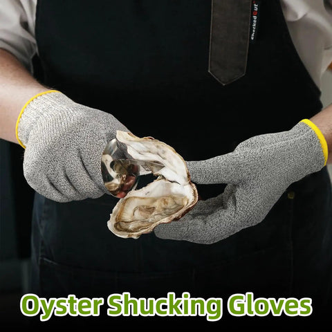 Chef wearing Ambidextrous Cut Resistant Kitchen Gloves ANSI A7 Five Times Cut Protection Food Grade Gloves while shucking oysters.