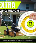 75 Foot Indoor Outdoor Extension Cord 3 Outlet Heavy Duty 12 Gauge 3 Conductor SJTW Waterproof Flexible Yellow next to lawn mower