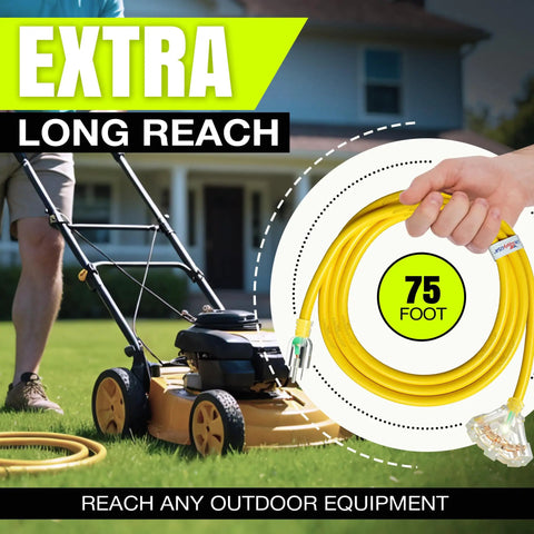 75 Foot Indoor Outdoor Extension Cord 3 Outlet Heavy Duty 12 Gauge 3 Conductor SJTW Waterproof Flexible Yellow next to lawn mower