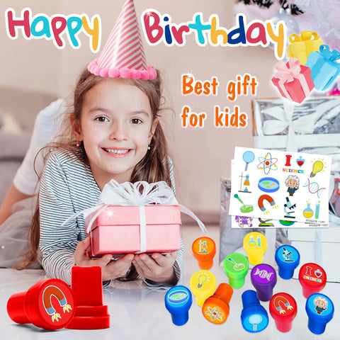 Child with birthday gift surrounded by Science Themed Party Favors Set With 24 Temporary Tattoos And 12 Stamps