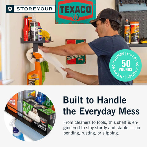 Man installing Heavy Duty Wall Mount Paper Towel Holder With Shelf For Garage, Workshop, Or Utility Room with tools on shelf