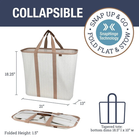 Grab And Go Collapsible Laundry Caddy Tote With Handles, XXL 64L Pop Up Laundry Basket, luxury cream herringbone, size chart.