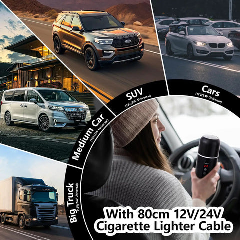 Woman using On The Go 12V/24V Car Travel Kettle With 420ml Capacity in a car, suitable for SUVs, medium cars, and big trucks.
