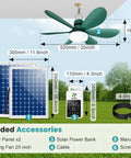 Diagram showing Cool Solar Powered Outdoor Ceiling Fan Light with Battery and Adjustable Thermostat, 20 Inch Ceiling Fan, solar panels and accessories.