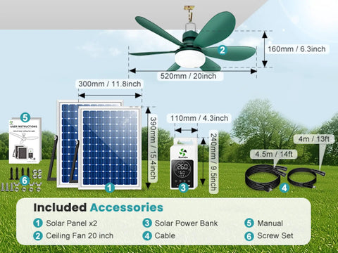 Diagram showing Cool Solar Powered Outdoor Ceiling Fan Light with Battery and Adjustable Thermostat, 20 Inch Ceiling Fan, solar panels and accessories.