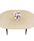 Oval table with fitted oval vinyl tablecloth with flannel backing and elastic edges, waterproof and oil-proof, heavy-duty PVC