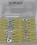 Pro Grade Heat Shrink Wire Connectors Kit With Tinned Red Copper Waterproof Crimp Terminals in plastic box, assortment view