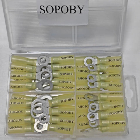Pro Grade Heat Shrink Wire Connectors Kit With Tinned Red Copper Waterproof Crimp Terminals in plastic box, assortment view