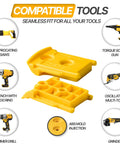 Diagram showing compatible tools with yellow 9 Pack Tool Holder Wall Mount For DeWalt 20V And 60V Cordless Tools Snap Fit Drill Hanger