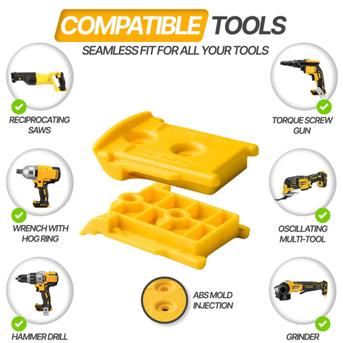 Diagram showing compatible tools with yellow 9 Pack Tool Holder Wall Mount For DeWalt 20V And 60V Cordless Tools Snap Fit Drill Hanger