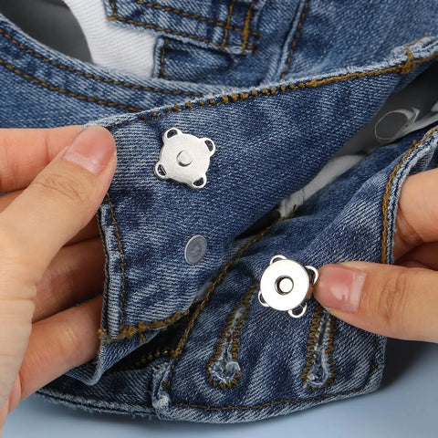 Using Ten Piece Plum Magnetic Snap Buttons Set for Sewing 15mm Purse Snaps for Bags and Clothes Craft Durable Stainless Steel with Gold and Silver Finishes Perfect for DIY Projects on denim
