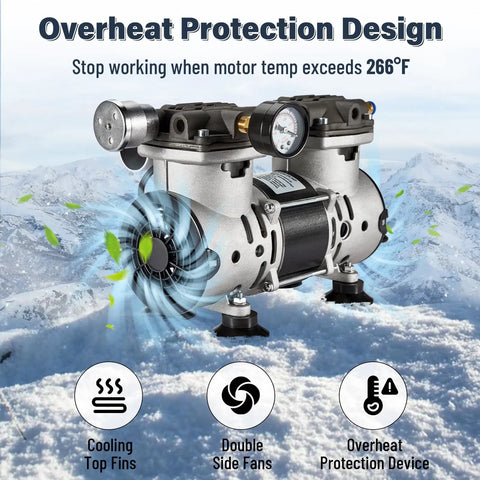 Big Suction Oil Free Vacuum Pump 85L Per Minute With Handy On Off Toggle And Aluminum Noise Damper features dual side fans.