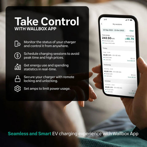 Person using Wallbox app on phone to manage Pulsar Plus Level 2 40 Amp EV Charger Delivers 9.6kW At 240V Indoor Outdoor 25ft Cable NACS For Tesla