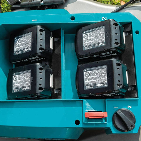 Pro Grade 21 Inch Cordless Self Propelled Lawn Mower battery kit with four 18V batteries for seamless lawn care.