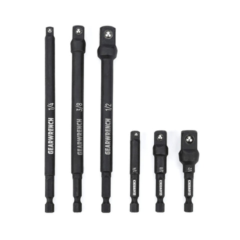Six Piece One Quarter Inch Drive Hex Shank Impact Socket Extensions Set With One Quarter Three Eighths And One Half Inch Drive Sizes