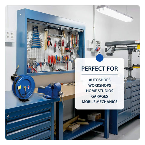 Heavy Duty All Steel 3/8 Inch By 50 Foot Retractable Air Hose Reel with tools in a garage workbench setting