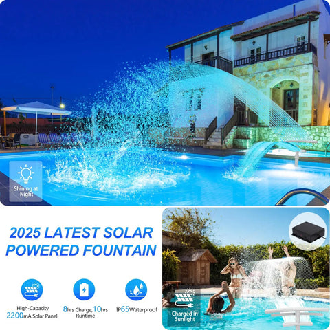 Epic Pool Fountain With Lights For Above Ground And Inground Pools, Solar Powered Dual Layer Waterfall Sprinkler at night