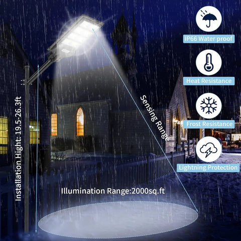 200W Solar Street Lights Outdoor Motion Sensor With Remote Control, 800 LED Flood Lights illuminating building at night