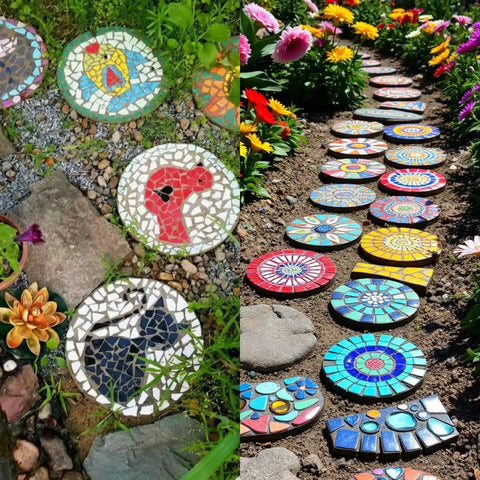 Mosaic stepping stones in garden pathways made with Six Piece Round Stepping Stone Mold Set With Thick Plastic Concrete Molds In 10.63 Inch 11.81 Inch And 12.99 Inch Sizes For DIY Garden Pathway Outdoor Walkway Paving Durable Cement Casting Molds For Easy Release