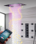 Top Shelf Heavy Duty Stainless Steel Shower Panel Fifteen X Twenty Three Inches With Built In Bluetooth Speakers Smart Thermostatic Valve Four Way Rainfall Waterfall And Body Jets Remote Color Changing Antique Brass with LED lights and smartphone control.