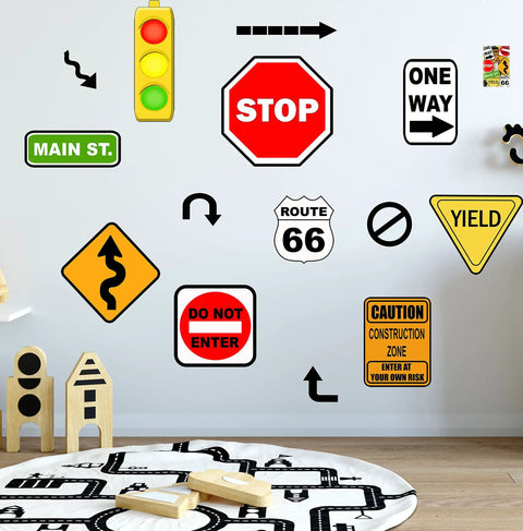 Road Sign Wall Decals For Kids Room Street Sign Decor Stickers Do Not Enter Stop Sign One Way Traffic Light Yield Caution