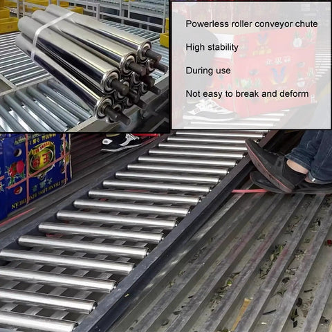 Galvanized Steel Roller Conveyor System For Unpowered Freight Handling With Extra Unloading Pulley And Slides, 40x500 Cm Flow Rack For Heavy Duty Haul And Smooth Movement, used for moving boxes in warehouse