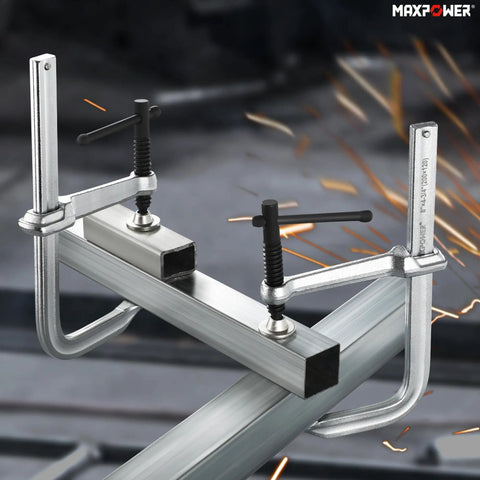 8 Inch F Clamp 2 Pack For Welding With Four And Three Quarters Inch Throat Depth Light Duty Clamps in use on metalwork