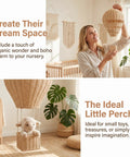 Woman hanging Natural Rattan Woven Hot Air Balloon Wall Decor For Nursery And Kids Room Boho Chic Dreamy Vibe With Handmade Texture And Earthy Tones For Modern Home, featuring a stuffed animal basket.