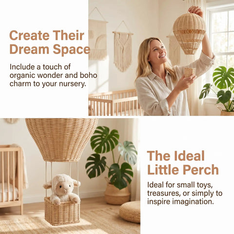 Woman hanging Natural Rattan Woven Hot Air Balloon Wall Decor For Nursery And Kids Room Boho Chic Dreamy Vibe With Handmade Texture And Earthy Tones For Modern Home, featuring a stuffed animal basket.