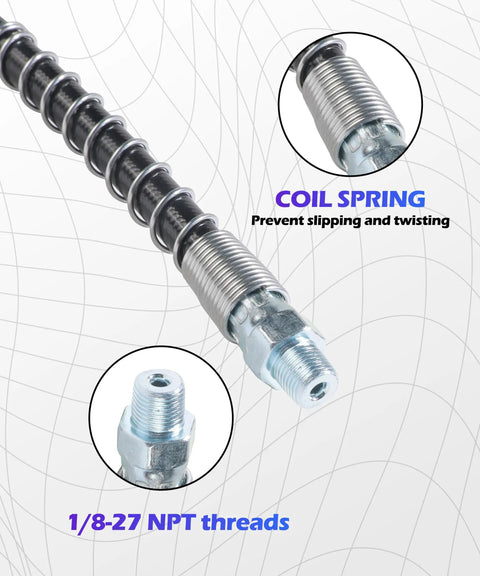 18 Inch Flexible Grease Gun Hose Kit With Coupler Heavy Duty Black Resin Steel Build Compatible With One Eighth Inch NPT Fittings close-up
