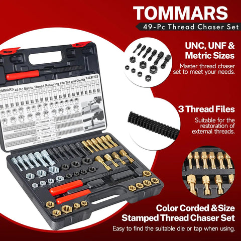 Heavy Duty 49 Piece Thread Chaser Set Repair Kit With Taps Dies And Thread Files For UNC UNF And Metric Rethreading And Restoration Ideal For Machinists Auto Hobbyists And Maintenance Pros in open case showing tools and parts