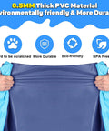 Hands holding 0.5mm thick PVC material of extra large 67 inch non slip splash pad with features like durability and eco-friendliness.