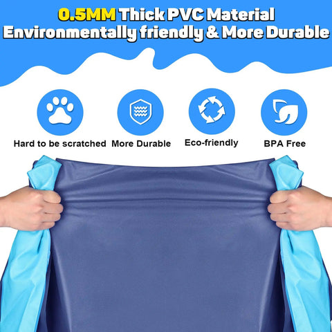 Hands holding 0.5mm thick PVC material of extra large 67 inch non slip splash pad with features like durability and eco-friendliness.