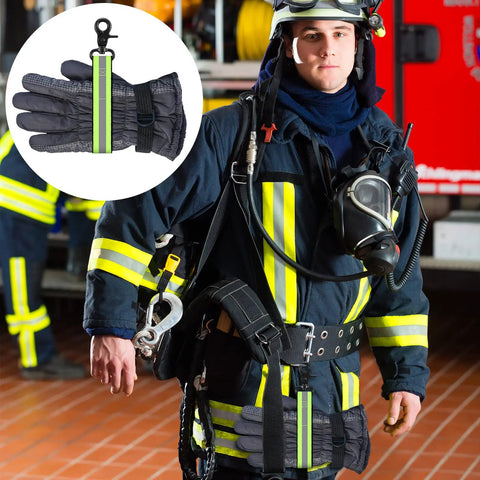 Two Pack Firefighter Glove Straps With Reflective Trim For Turnout Gear, Safe Glove Security Straps With Swivel Snap Hook Clip And Crocodile Clip Option, High Visibility Green