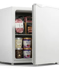 Hella Compact Mini Upright Freezer Packs 1 Point 1 Cubic Feet Inside With Five Level Temperature Knob Removable Shelves And Crisp White Finish showcasing frozen meats and ice cream.
