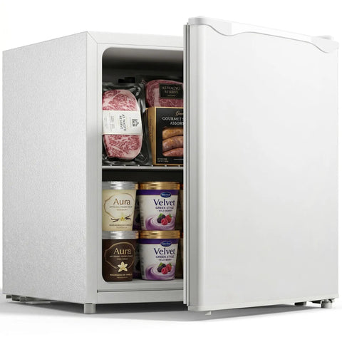 Hella Compact Mini Upright Freezer Packs 1 Point 1 Cubic Feet Inside With Five Level Temperature Knob Removable Shelves And Crisp White Finish showcasing frozen meats and ice cream.
