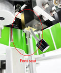 Close-up of font seat detail in No Sweat High Speed Automatic Desktop Conveyor Round Bottle Label Applicator 110V.