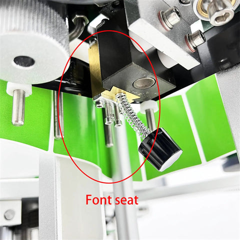 Close-up of font seat detail in No Sweat High Speed Automatic Desktop Conveyor Round Bottle Label Applicator 110V.