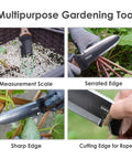 Workhorse Hori Hori Garden Knife with measurements, serrated and sharp edge, shown for weeding, transplanting, and cutting.