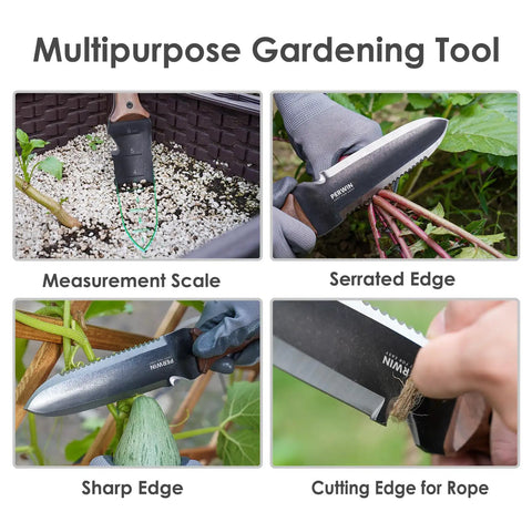 Workhorse Hori Hori Garden Knife with measurements, serrated and sharp edge, shown for weeding, transplanting, and cutting.
