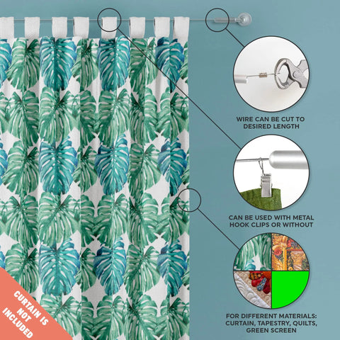 Diagram showing Wire Curtain Hanging System With 16Ft Stainless Steel Room Divider Rod And 24 Alligator Clips For Easy Breezy Draping, Heavy Duty Curtain Wire Kit For Modern Windows And Home Decor, highlighting wire features and clip uses.