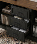 Cool L Shaped Electric Standing Desk With Brown And Black Finish, 55 Inch Big Top, Right Side Cabinet Return, Three Drawers For Storage, Height Adjustable Motorized Table For Home Office Setup showing three black storage drawers filled with folders and books.