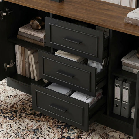 Cool L Shaped Electric Standing Desk With Brown And Black Finish, 55 Inch Big Top, Right Side Cabinet Return, Three Drawers For Storage, Height Adjustable Motorized Table For Home Office Setup showing three black storage drawers filled with folders and books.