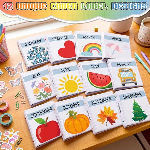 12 Pack 1 Inch 3 Ring Monthly Binder Set For Teachers showing unique seasonal cover labels