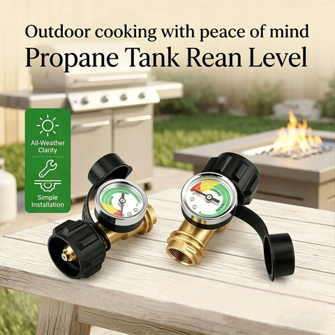 Propane Tank Gauge With Pressure Meter For 5-40 Lb Cylinders Universal QCC1 Type 1 Connection on patio table