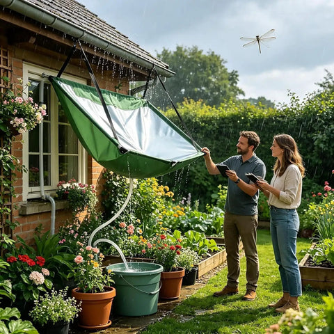 Couple using Garden Rain Collector Kit For Eco Friendly Water Harvesting With Hose And Filter System Tool Free Assembly in garden