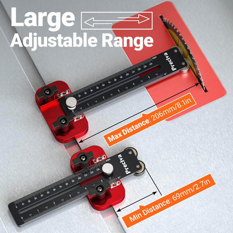 Thin Rip Jig and Push Stick for Table Saws, Aluminum Alloy Guide, showcasing measurement range, for fast, slick, accurate cuts.